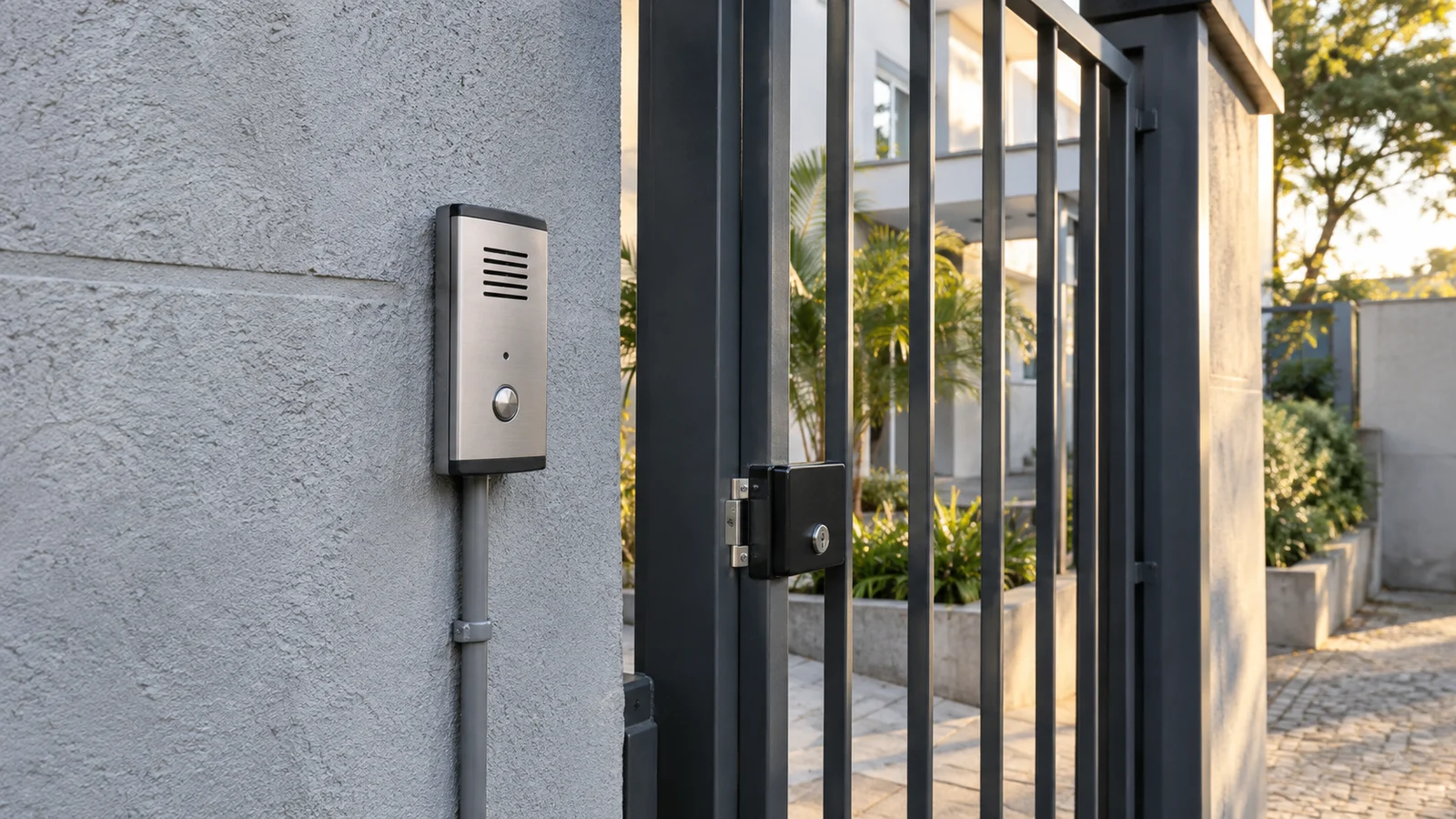 Painel de acesso instalado ao lado de portão social metálico em entrada de condomínio