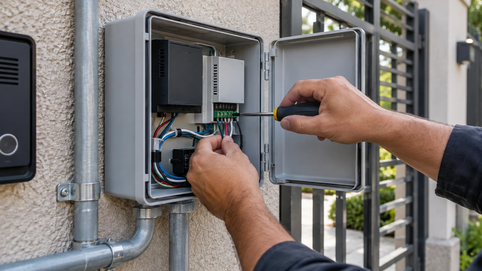 Técnico conectando fios de baixa tensão em caixa protegida de controle de acesso junto a portão