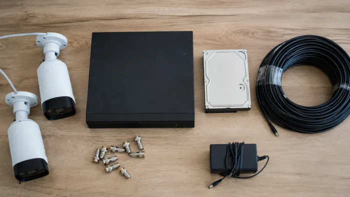 Câmeras bullet, DVR, cabos, HD e conectores de um kit CFTV residencial organizados sobre uma bancada