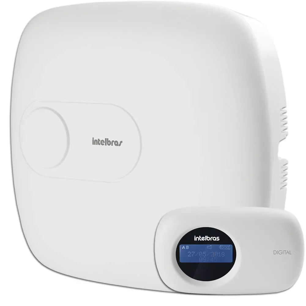Central de alarme Intelbras AMT 4010 SMART com placa base e conector de bateria em fundo branco