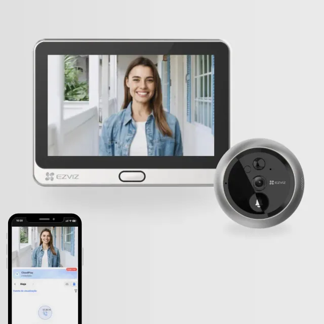 EZVIZ DP2C CS-DP2C com monitor interno prata, câmera externa circular e aplicativo em um celular