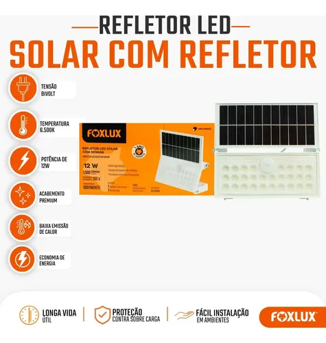 Refletor solar Foxlux LED38.51, painel fotovoltaico e caixa do produto na imagem da oferta