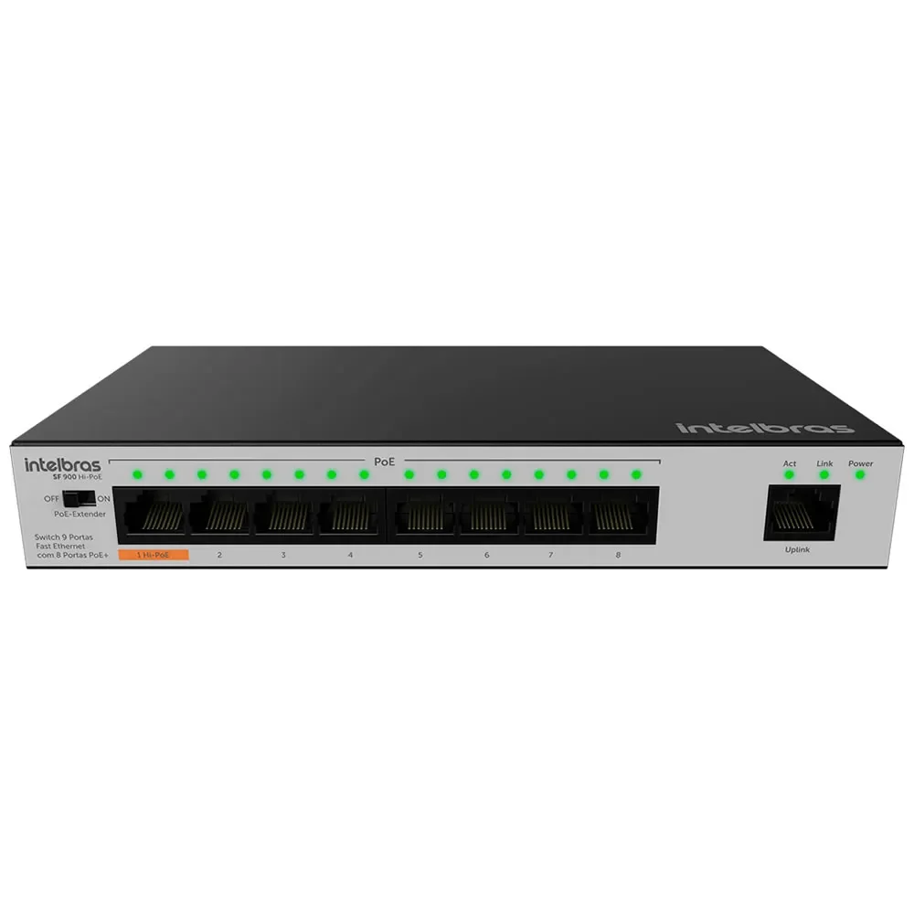 Switch Hi-PoE Intelbras SF 900 com 9 portas Fast Ethernet e LEDs de status em fundo branco