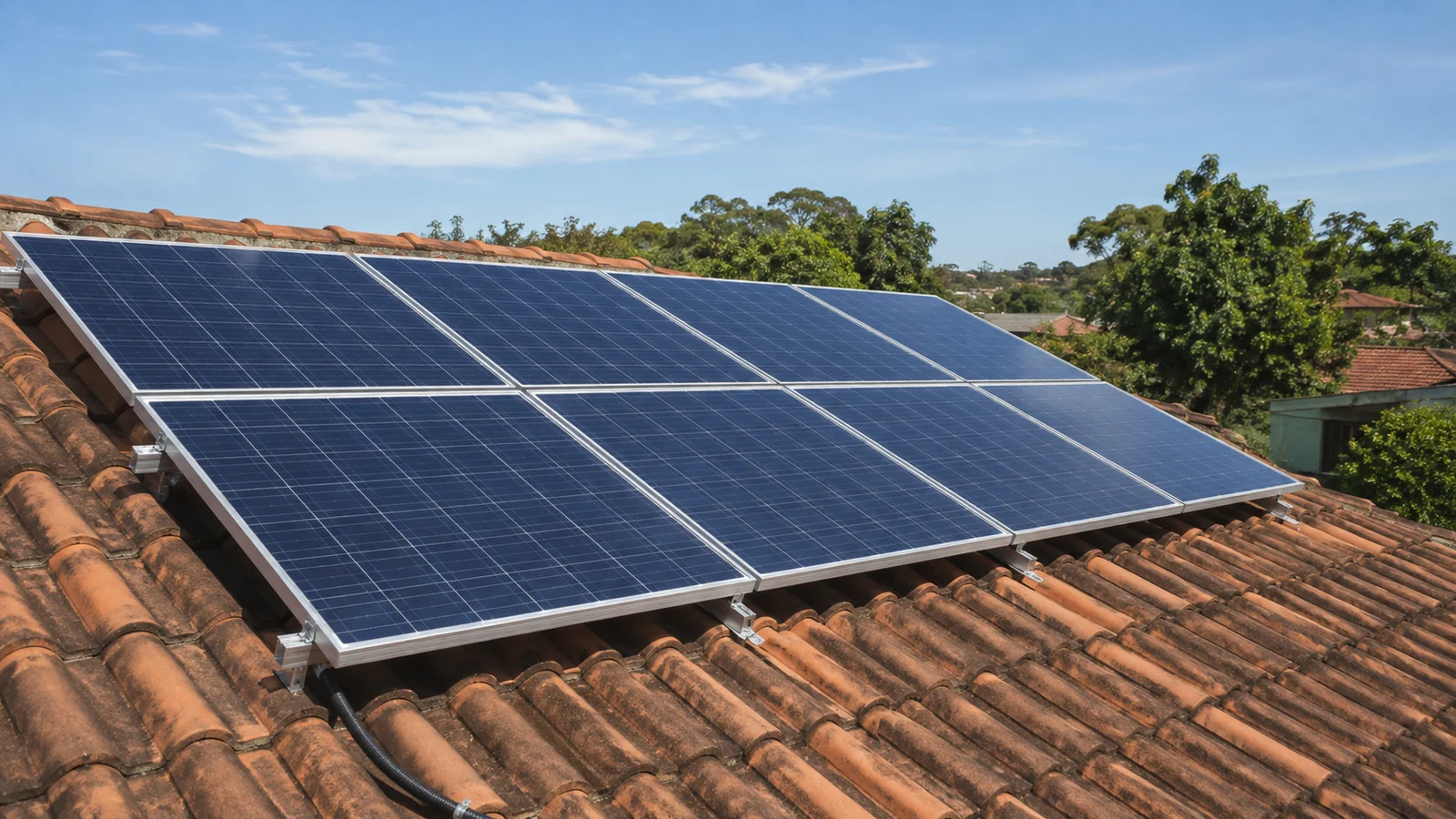 Oito módulos fotovoltaicos em duas fileiras sobre telhado de telha cerâmica, com grampos de fixação e conduíte aparentes