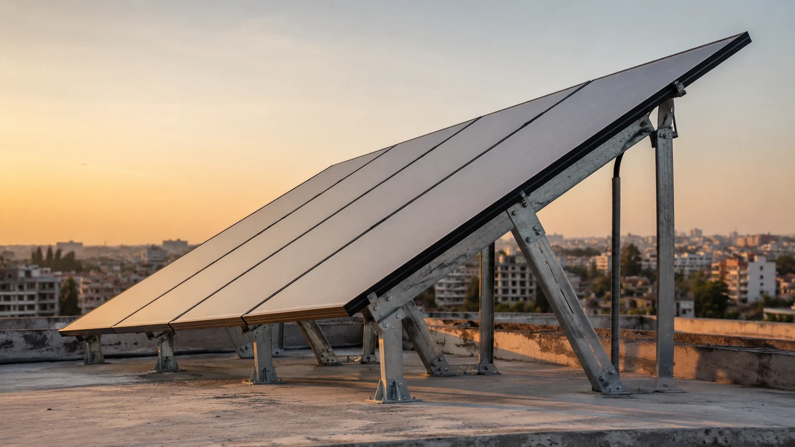 Fileira de módulos fotovoltaicos inclinados sobre estrutura metálica galvanizada em laje de concreto, ao fim da tarde, com a cidade ao fundo