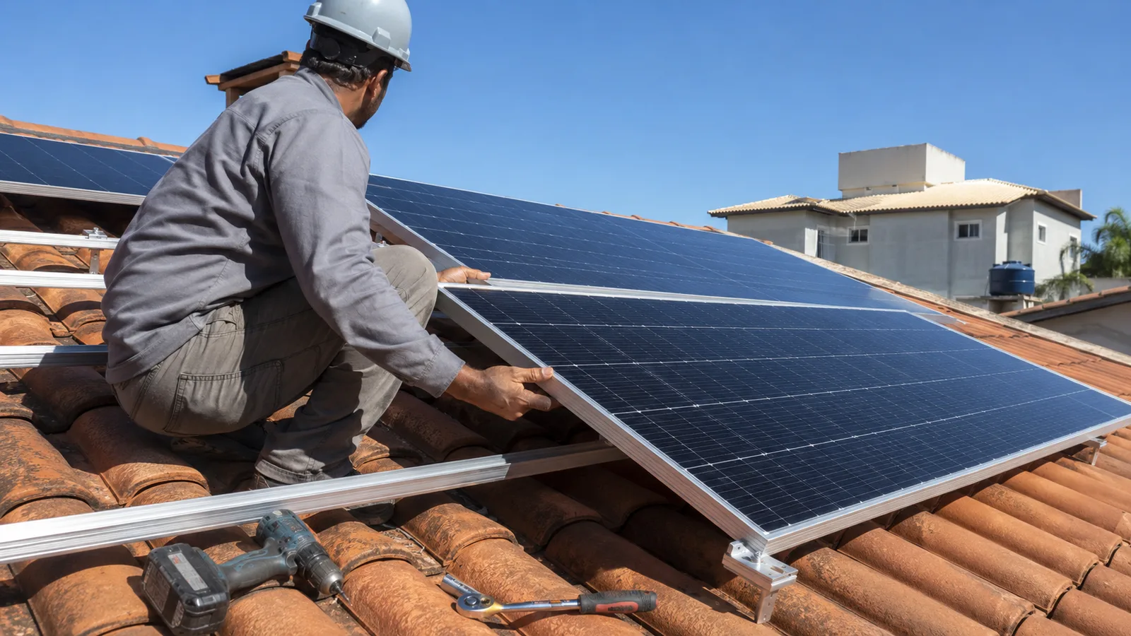 Técnico posicionando um módulo fotovoltaico sobre a estrutura de fixação metálica em um telhado, com ferramentas ao lado