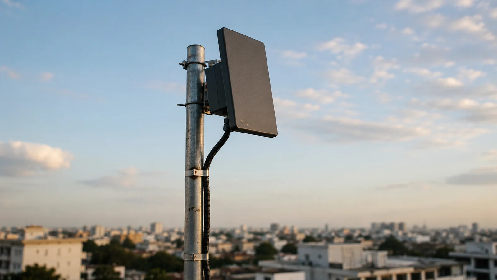 Antena de rádio ponto a ponto instalada em mastro, apontada para outro ponto sob céu aberto