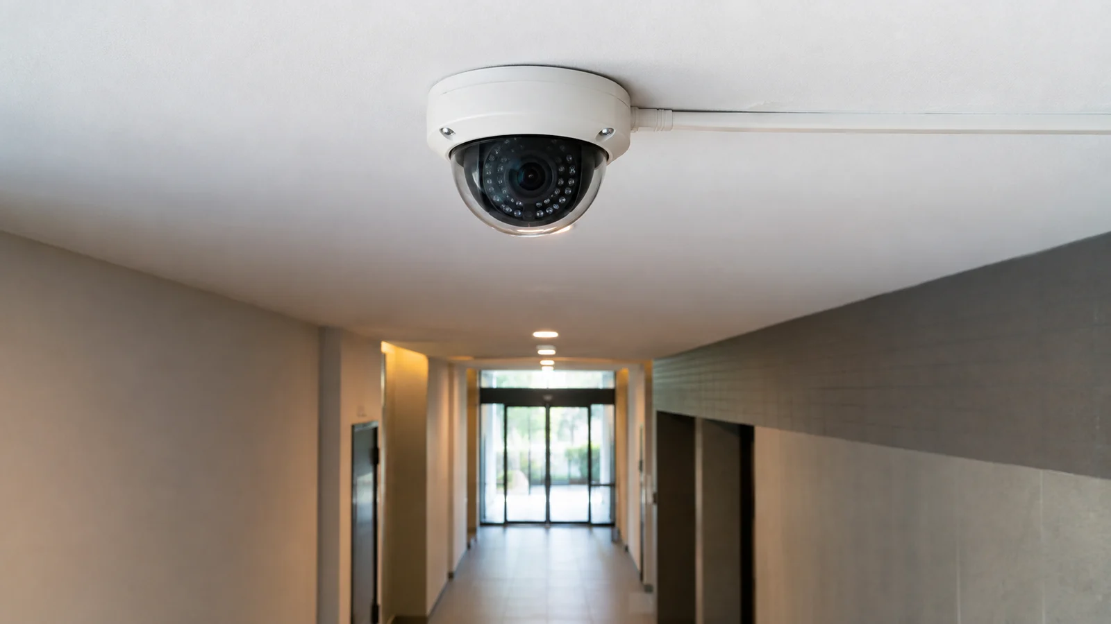 Câmera IP dome instalada em corredor de entrada, posicionada de frente para a porta para reconhecimento facial