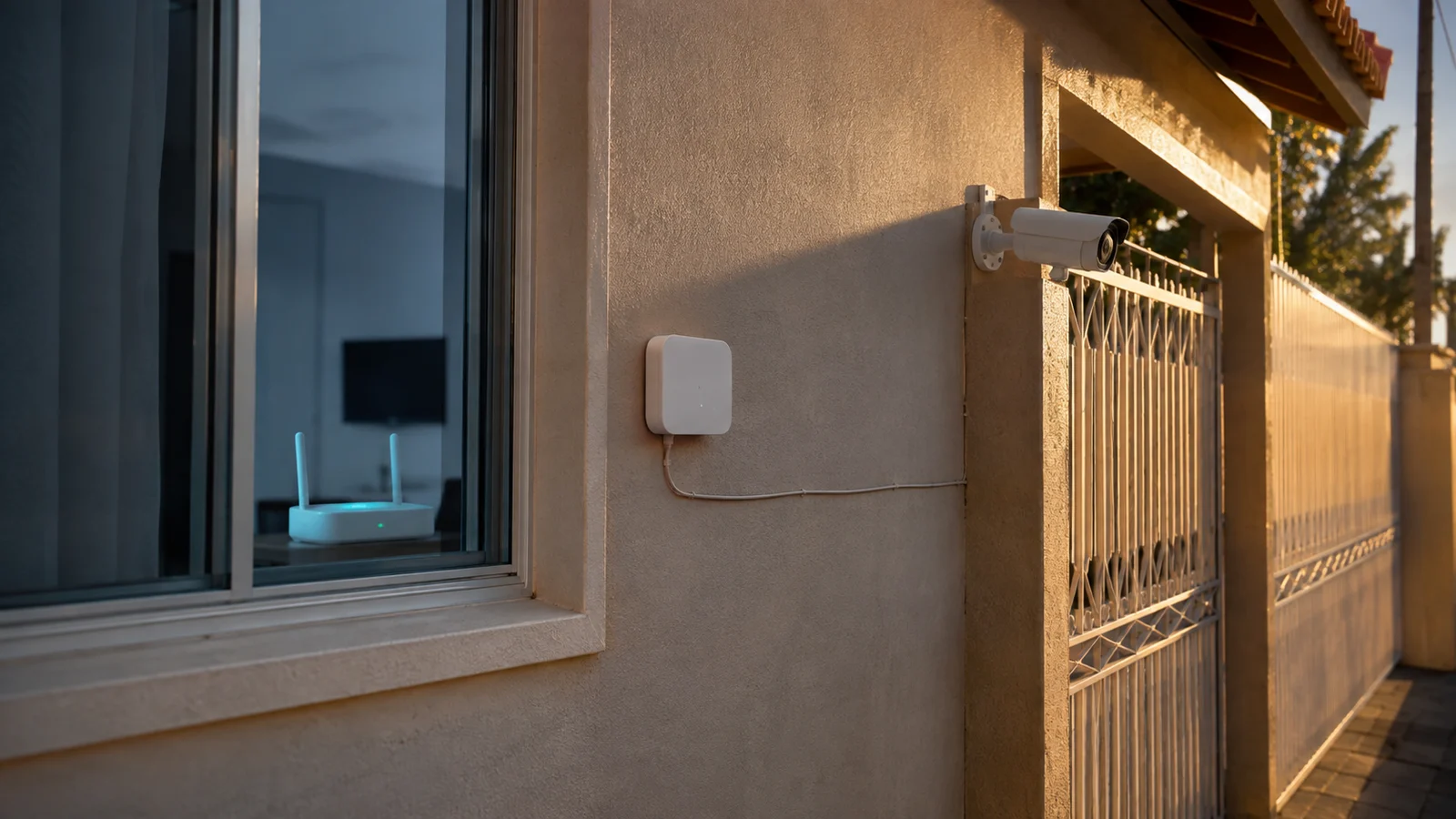 Nó de sistema mesh posicionado no caminho entre o roteador e uma câmera externa instalada na fachada