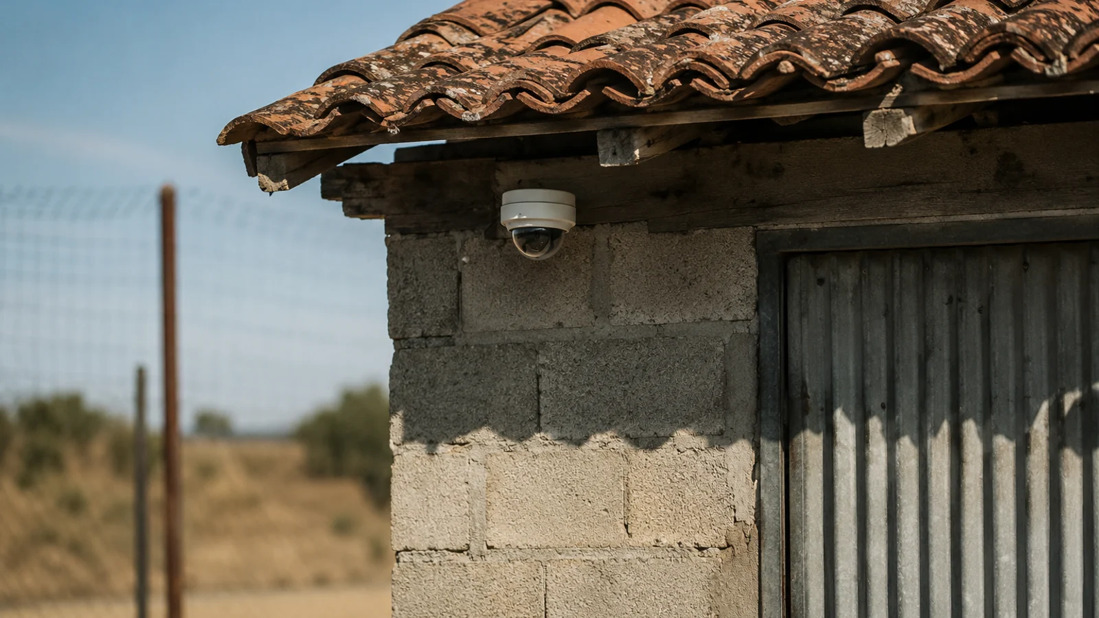 Câmera de segurança instalada em galpão rural de armazenamento de insumos, com cerca e portão ao fundo