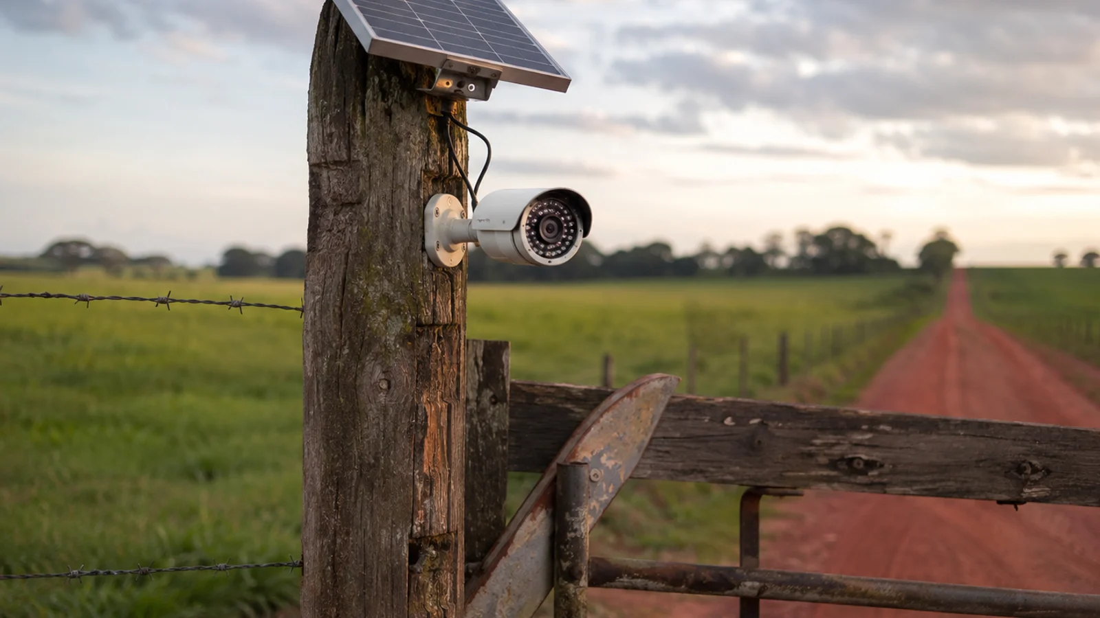 Câmera bullet instalada na porteira de entrada de uma propriedade rural, estrada de terra ao fundo