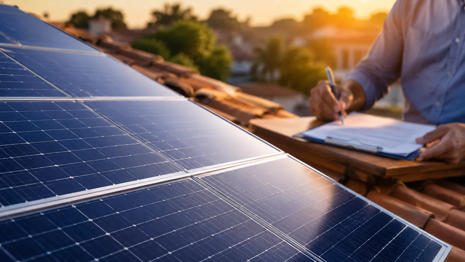Close de painéis solares instalados em um telhado residencial, com uma apólice de seguro e uma caneta sobre uma mesa ao fundo