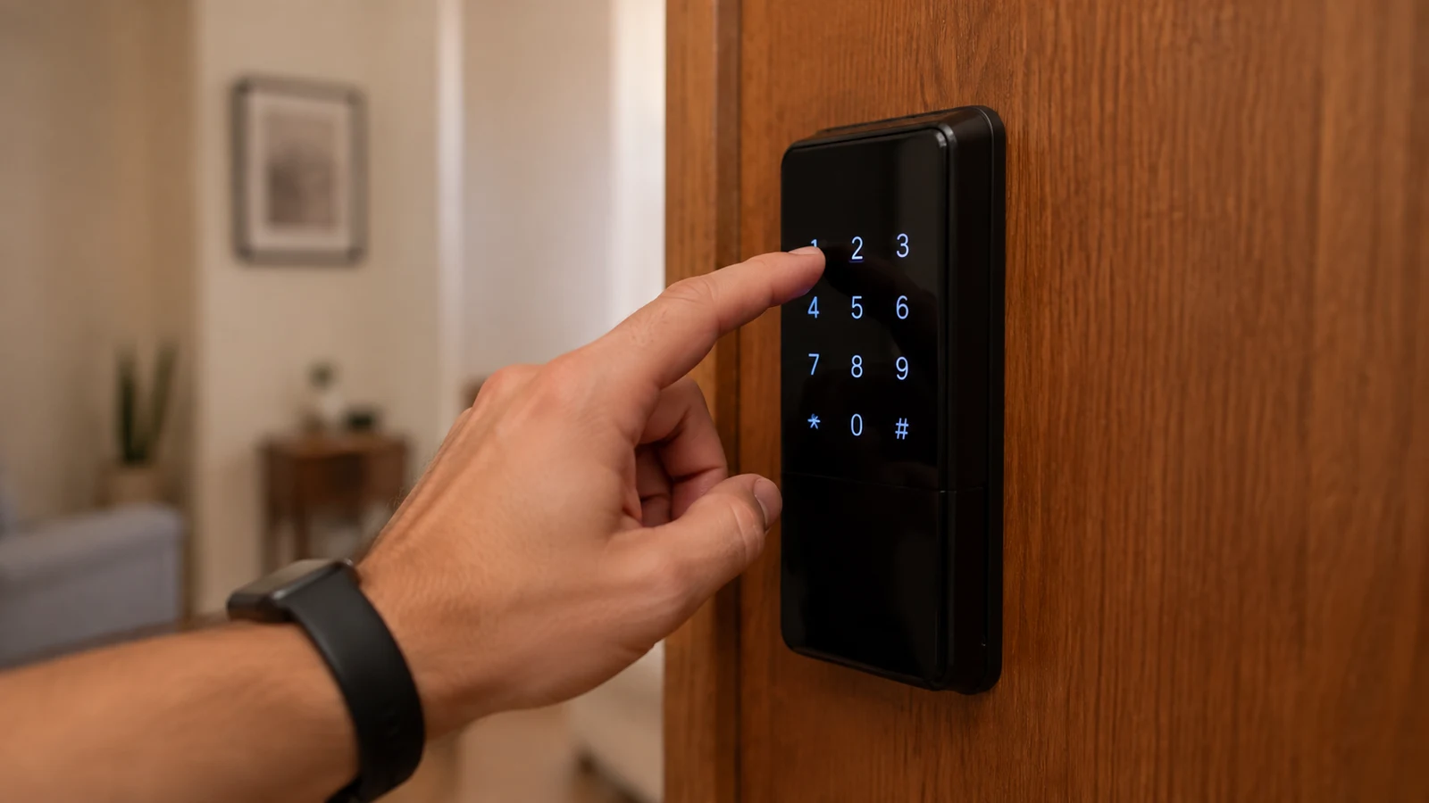 Pessoa digitando senha em uma fechadura digital preta instalada em porta interna de madeira