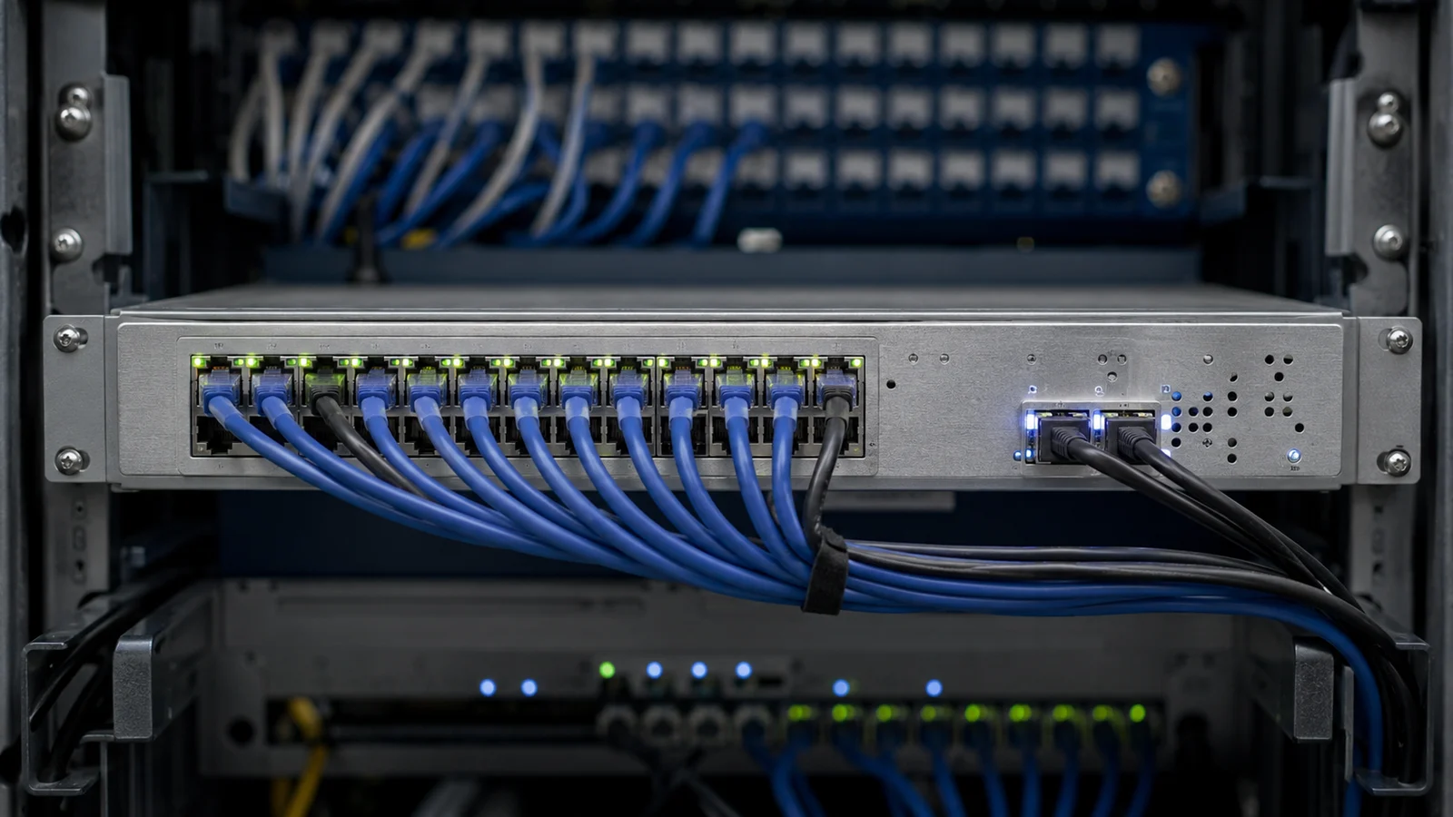 Switch gerenciável PoE instalado em rack de rede, portas Gigabit e SFP visíveis