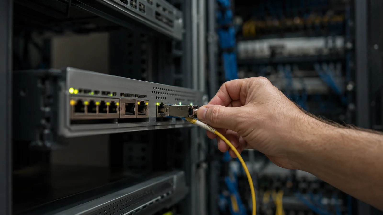 Técnico conectando um cabo de fibra óptica amarelo a um módulo SFP na porta de uplink de um switch em rack