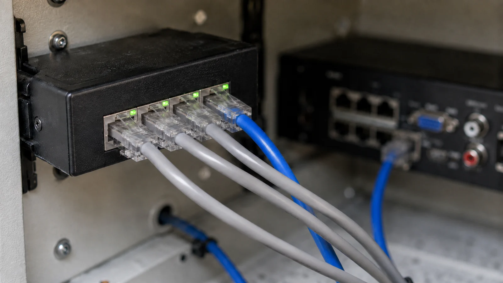 Close de switch de rede preto fixado em caixa técnica, com quatro cabos de rede conectados e LEDs de link acesos, e o painel traseiro de um gravador desfocado ao fundo
